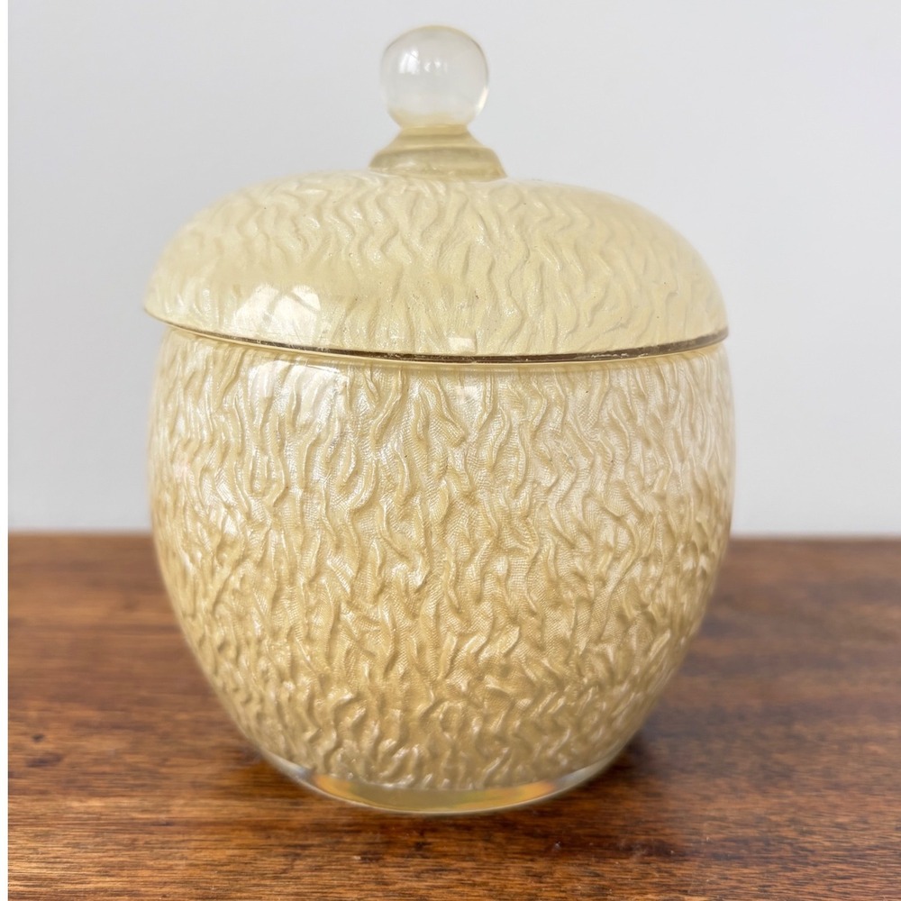 Vintage Yellow Textured Vanity Jar with‎ Lid Mid Century Trinket Canister